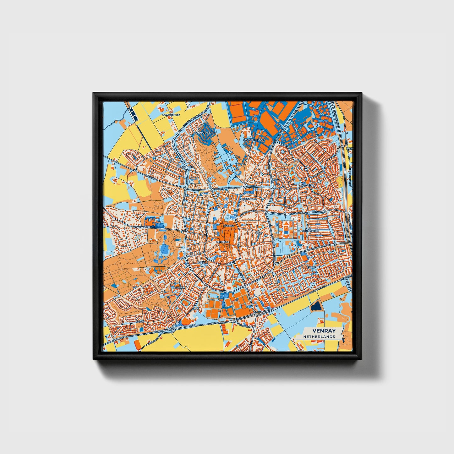 Venray Netherlands Colorful City Map Canvas Print • Black Framed