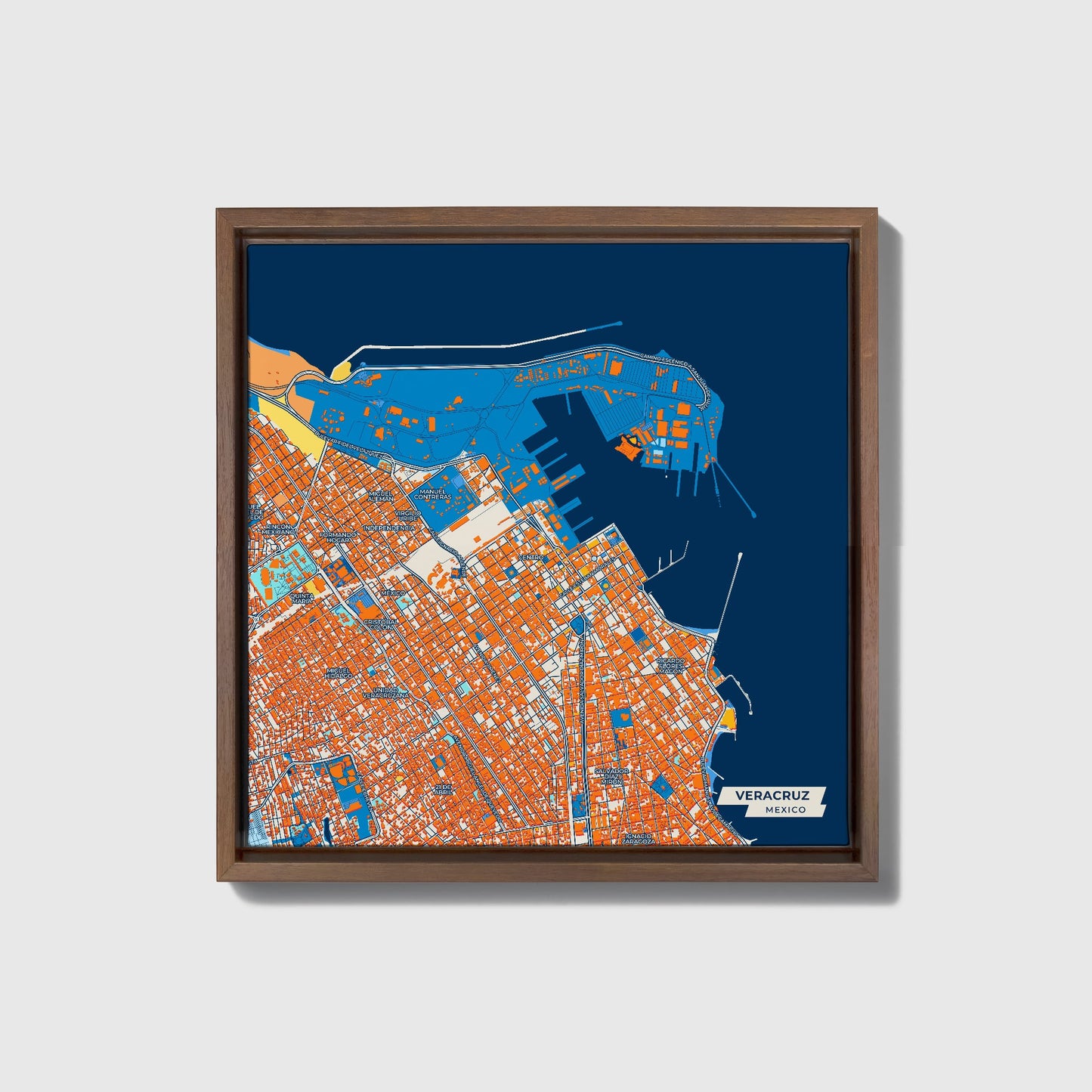 Veracruz Mexico Colorful City Map Canvas Print • Dark Wooden Framed
