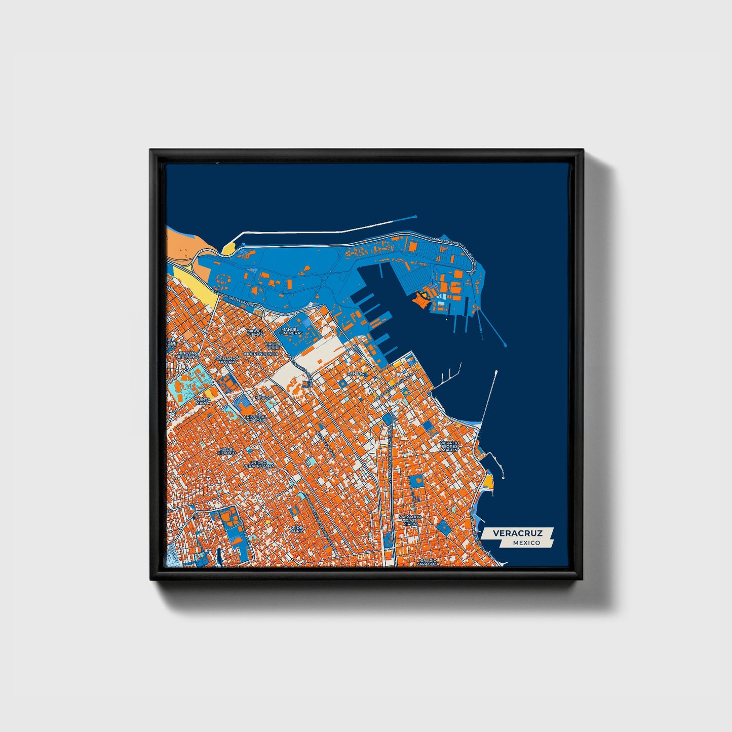 Veracruz Mexico Colorful City Map Canvas Print • Black Framed