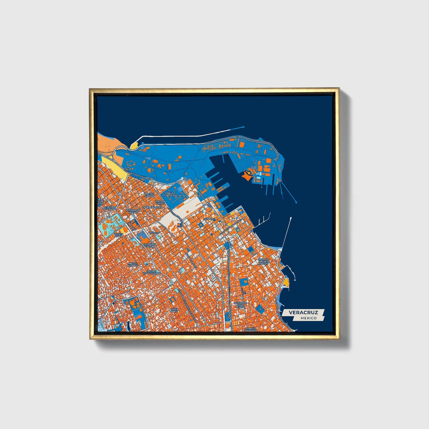 Veracruz Mexico Colorful City Map Canvas Print • Gold Framed