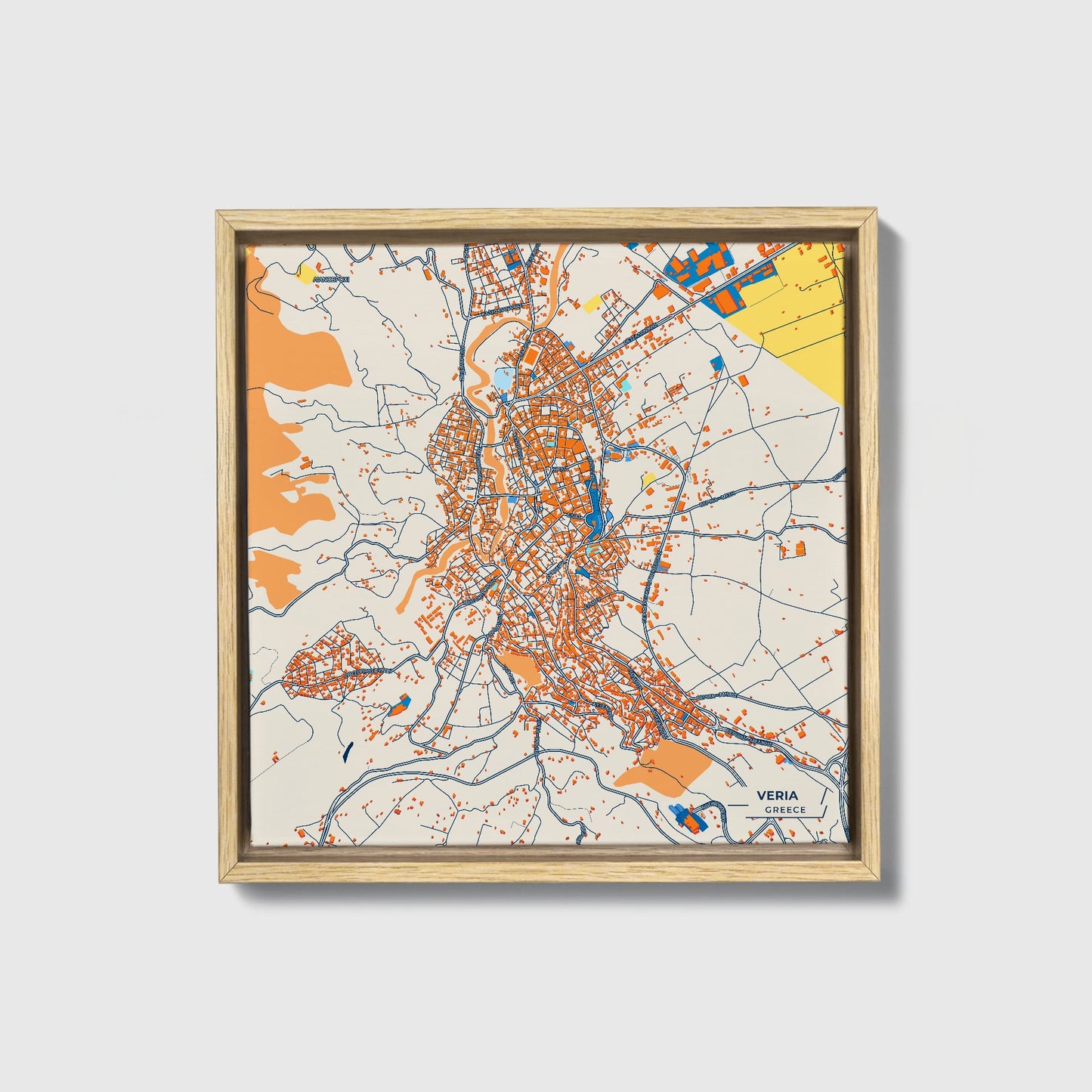 Veria Greece Colorful City Map Canvas Print • Natural Wooden Framed