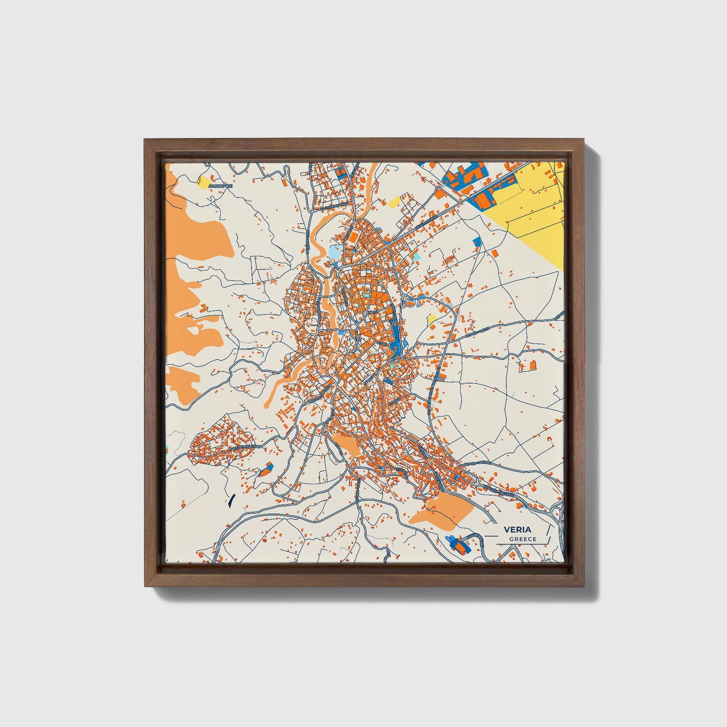 Veria Greece Colorful City Map Canvas Print • Dark Wooden Framed