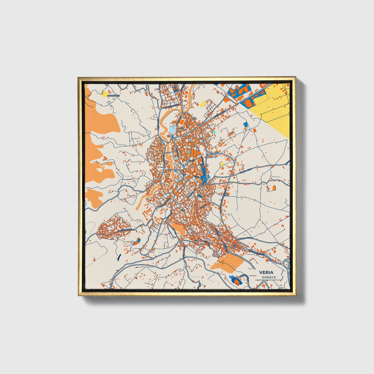 Veria Greece Colorful City Map Canvas Print • Gold Framed