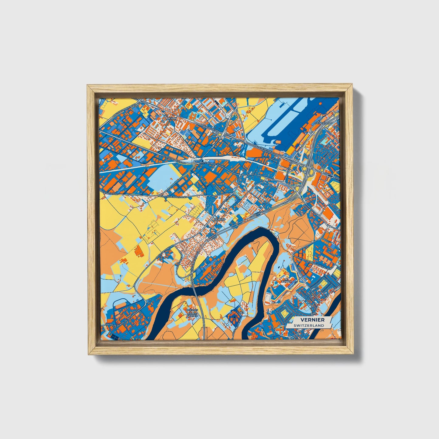 Vernier Switzerland Colorful City Map Canvas Print • Natural Wooden Framed