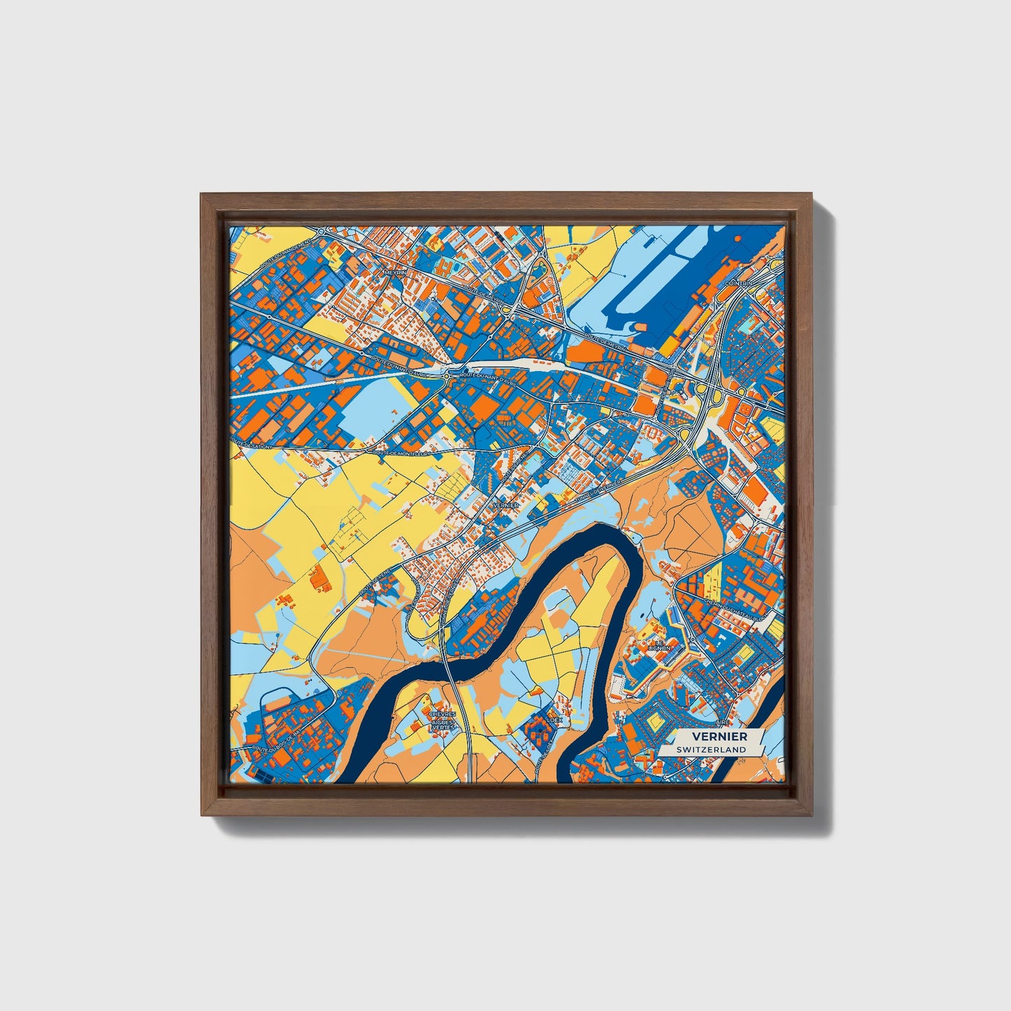 Vernier Switzerland Colorful City Map Canvas Print • Dark Wooden Framed