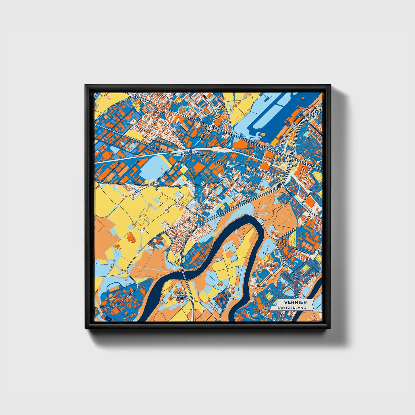 Vernier Switzerland Colorful City Map Canvas Print • Black Framed