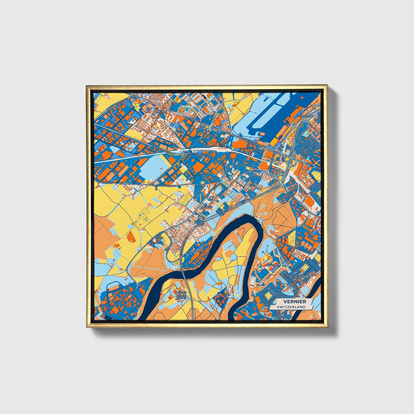Vernier Switzerland Colorful City Map Canvas Print • Gold Framed