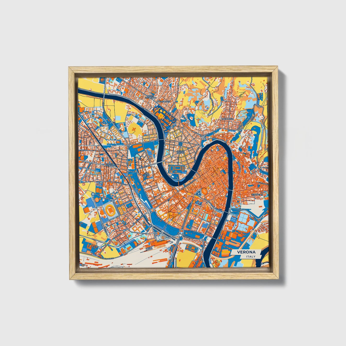 Verona  Italy Colorful City Map Canvas Print • Natural Wooden Framed
