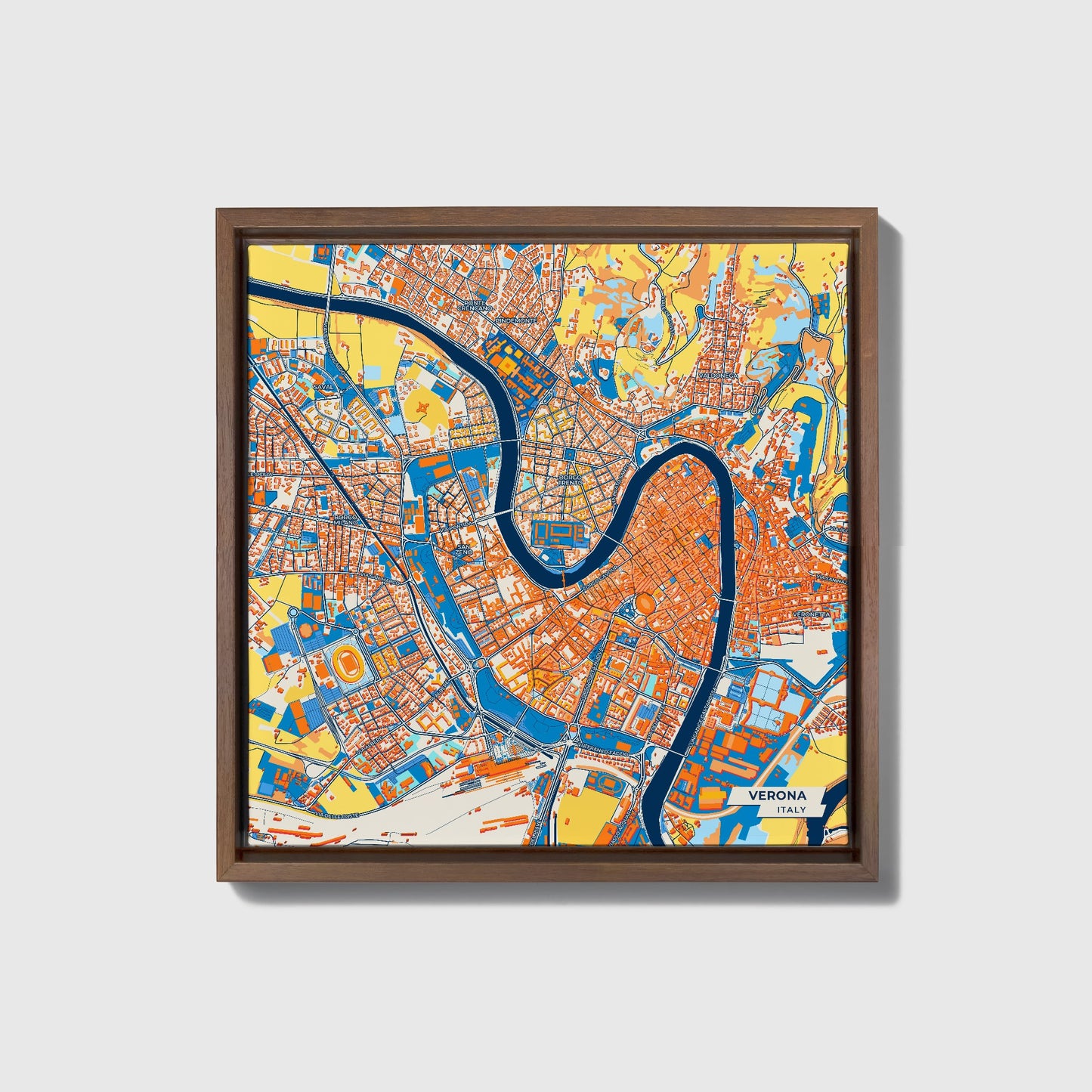 Verona  Italy Colorful City Map Canvas Print • Dark Wooden Framed