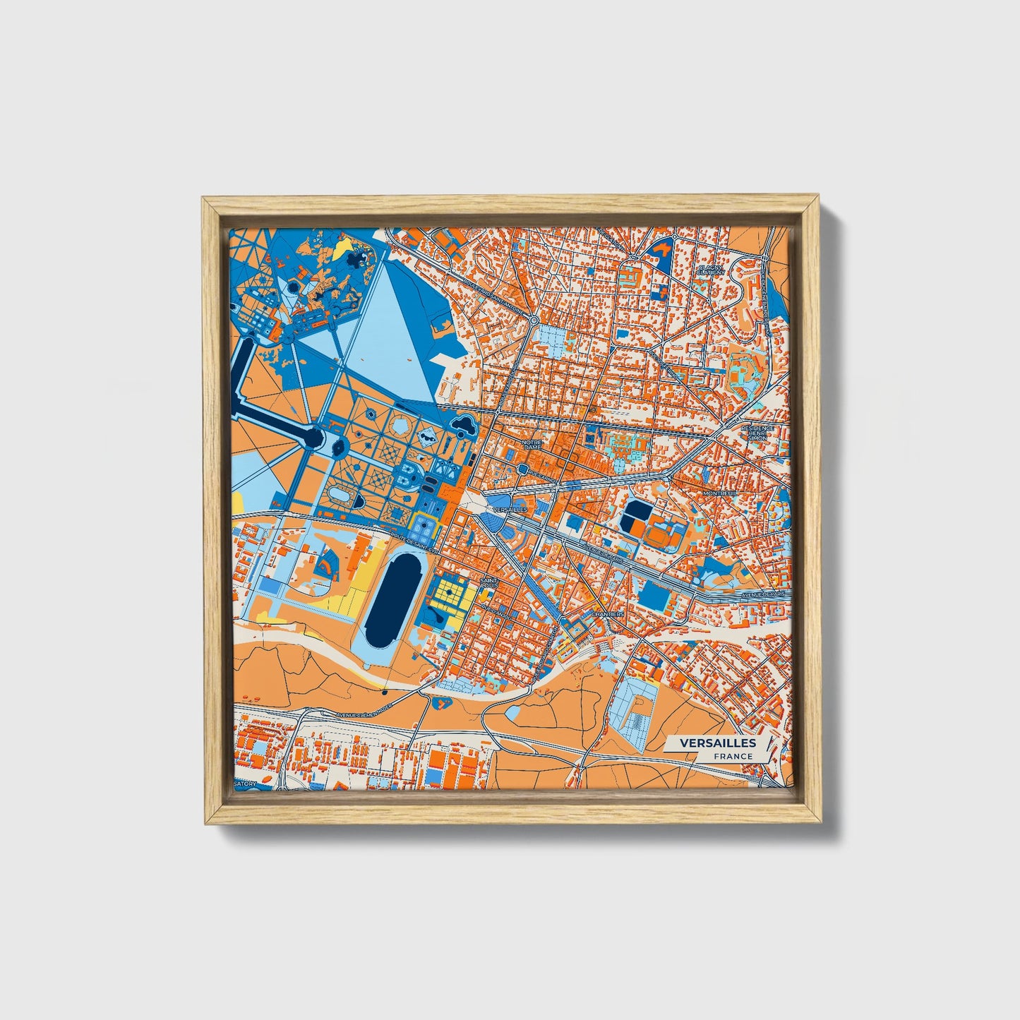 Versailles France Colorful City Map Canvas Print • Natural Wooden Framed