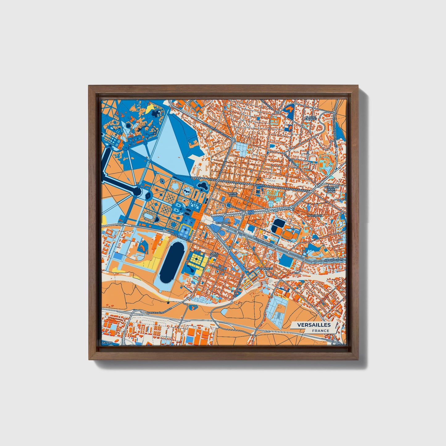 Versailles France Colorful City Map Canvas Print • Dark Wooden Framed