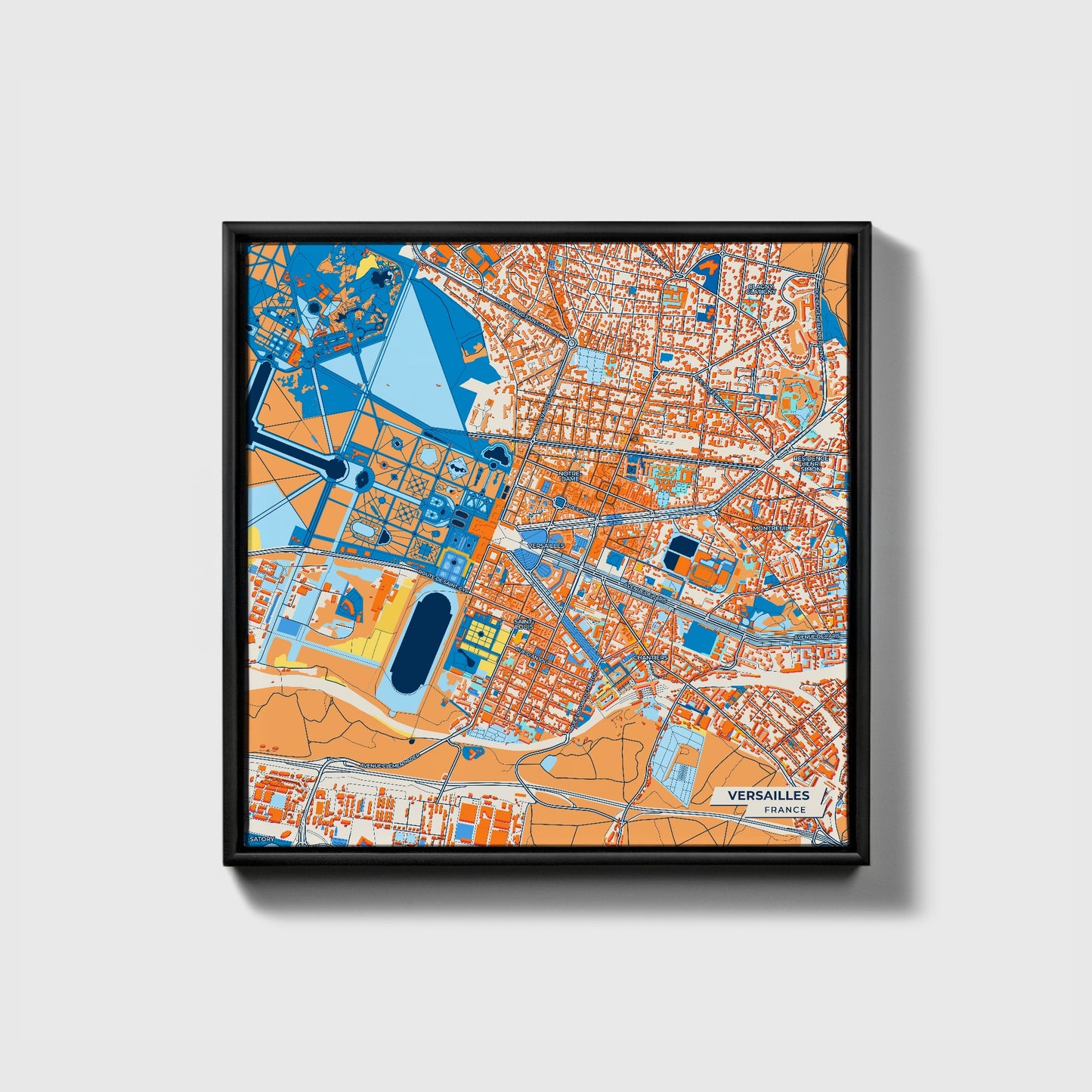 Versailles France Colorful City Map Canvas Print • Black Framed