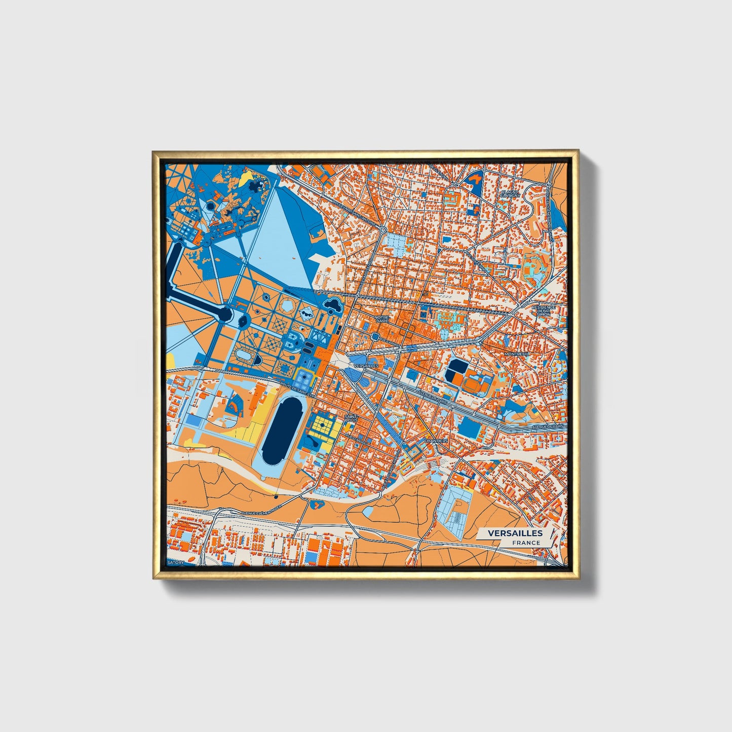 Versailles France Colorful City Map Canvas Print • Gold Framed