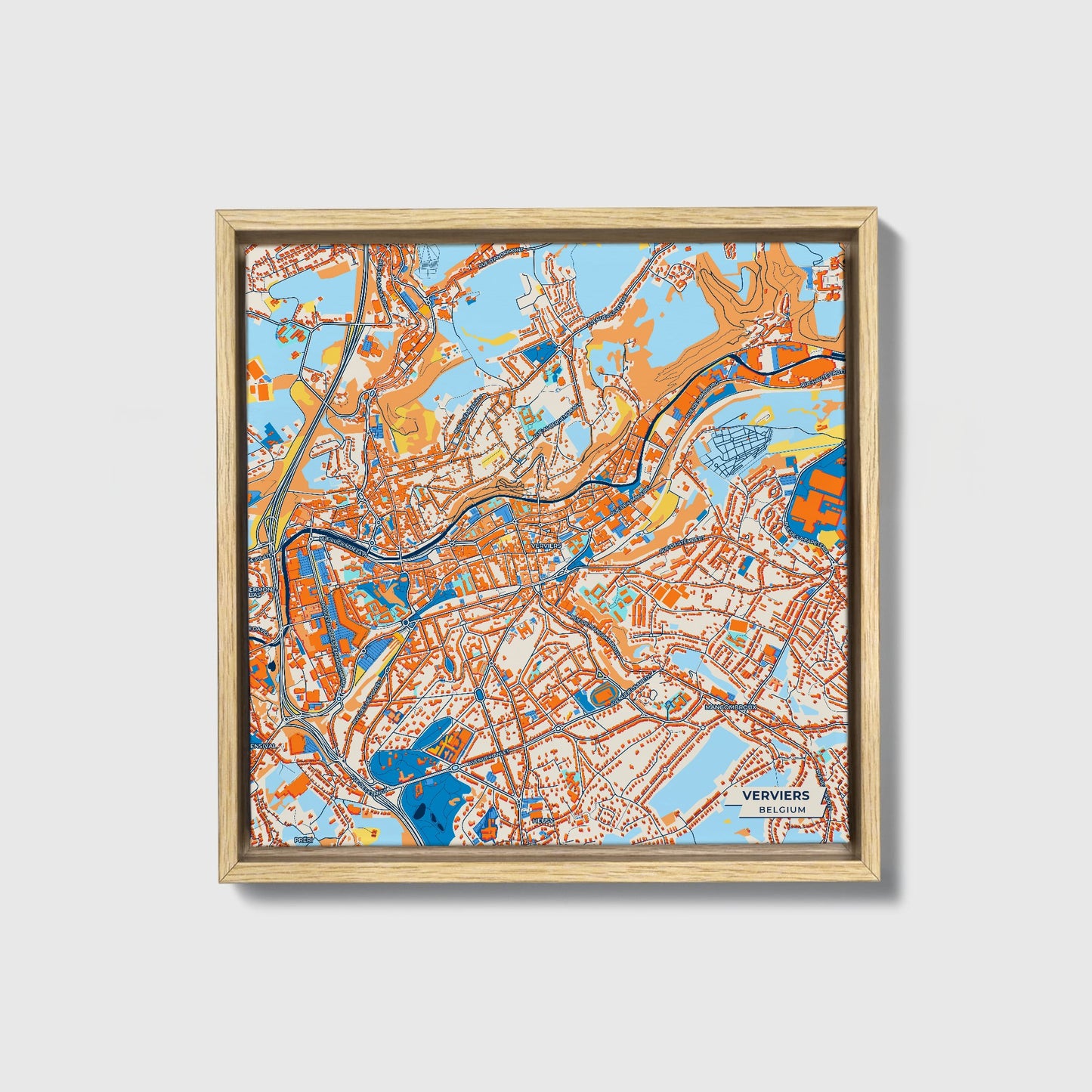 Verviers Belgium Colorful City Map Canvas Print • Natural Wooden Framed