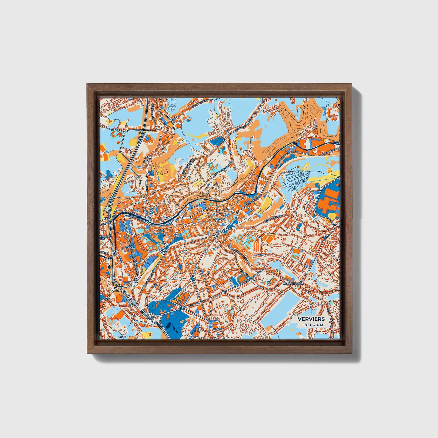 Verviers Belgium Colorful City Map Canvas Print • Dark Wooden Framed