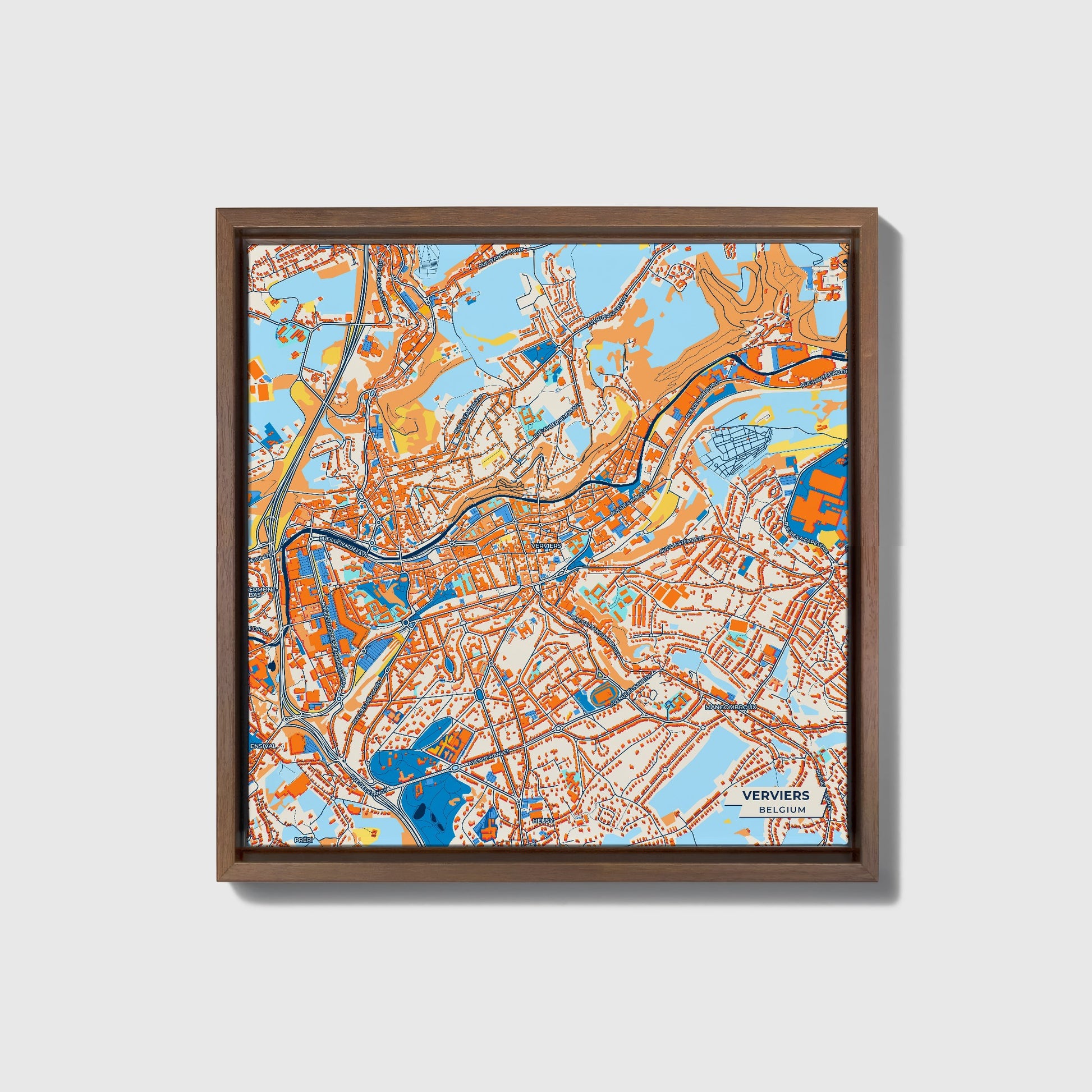 Verviers Belgium Colorful City Map Canvas Print • Dark Wooden Framed