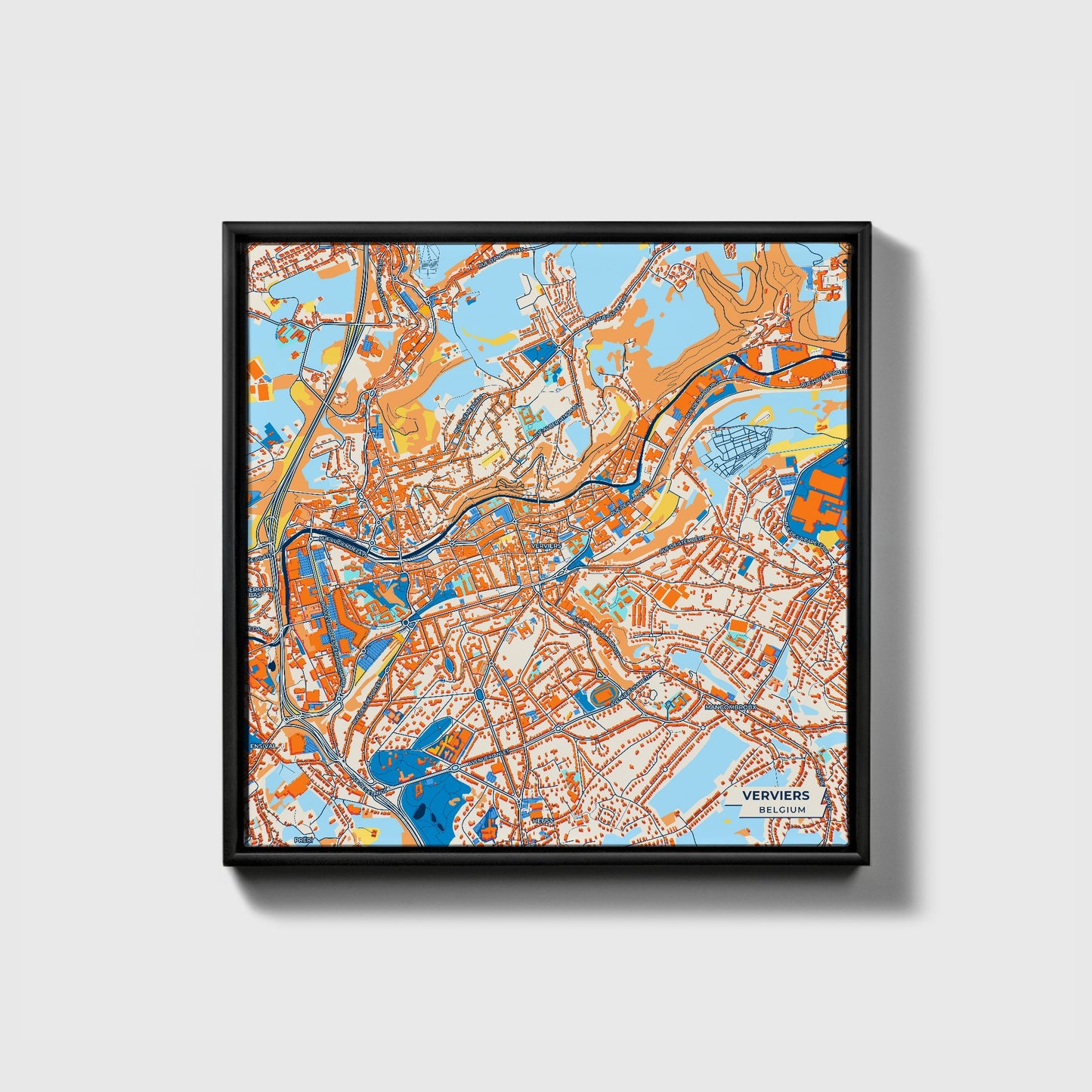Verviers Belgium Colorful City Map Canvas Print • Black Framed