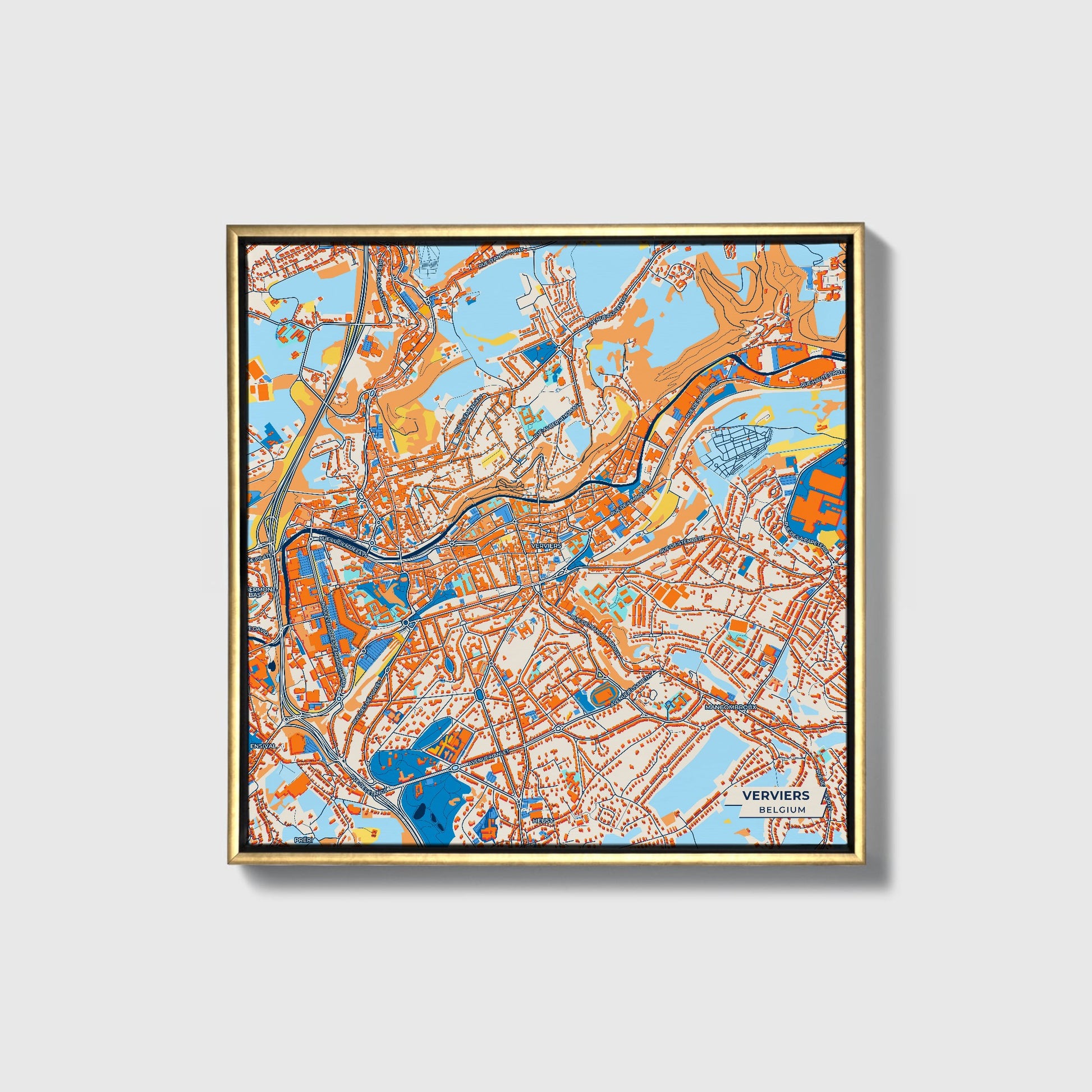 Verviers Belgium Colorful City Map Canvas Print • Gold Framed