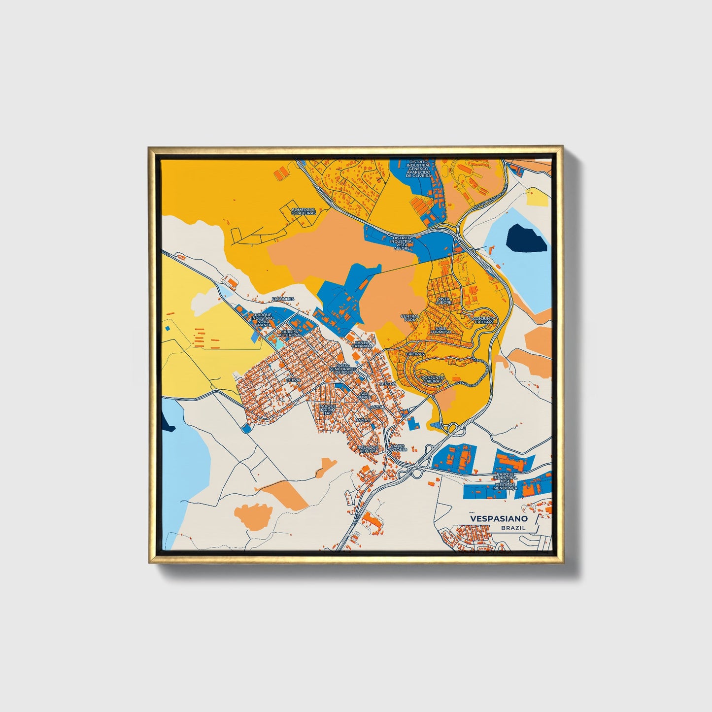 Vespasiano Brazil Colorful City Map Canvas Print • Gold Framed