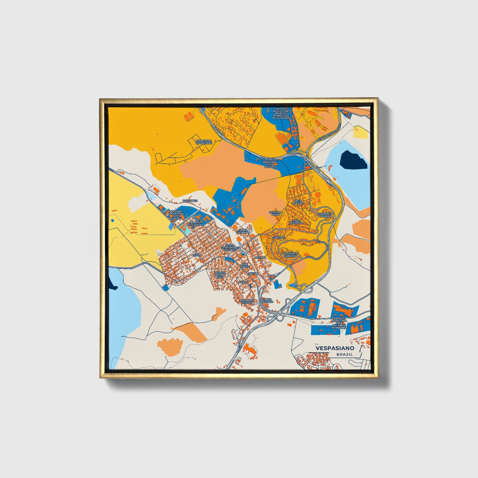 Vespasiano Brazil Colorful City Map Canvas Print • Gold Framed