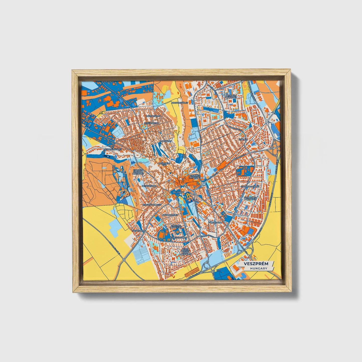 Veszprém Hungary Colorful City Map Canvas Print • Natural Wooden Framed