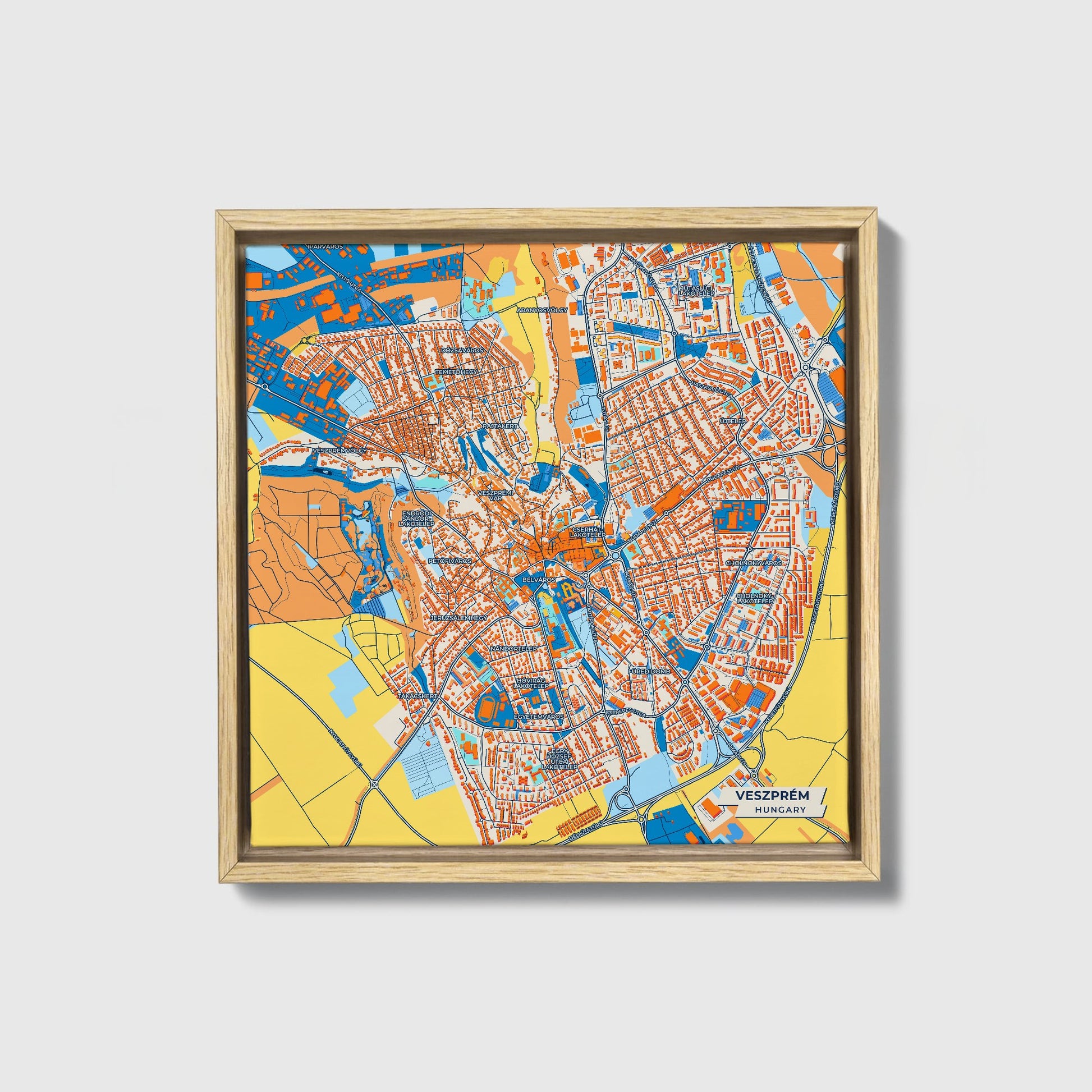 Veszprém Hungary Colorful City Map Canvas Print • Natural Wooden Framed