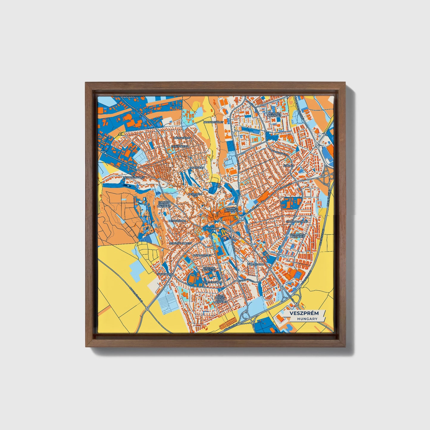 Veszprém Hungary Colorful City Map Canvas Print • Dark Wooden Framed