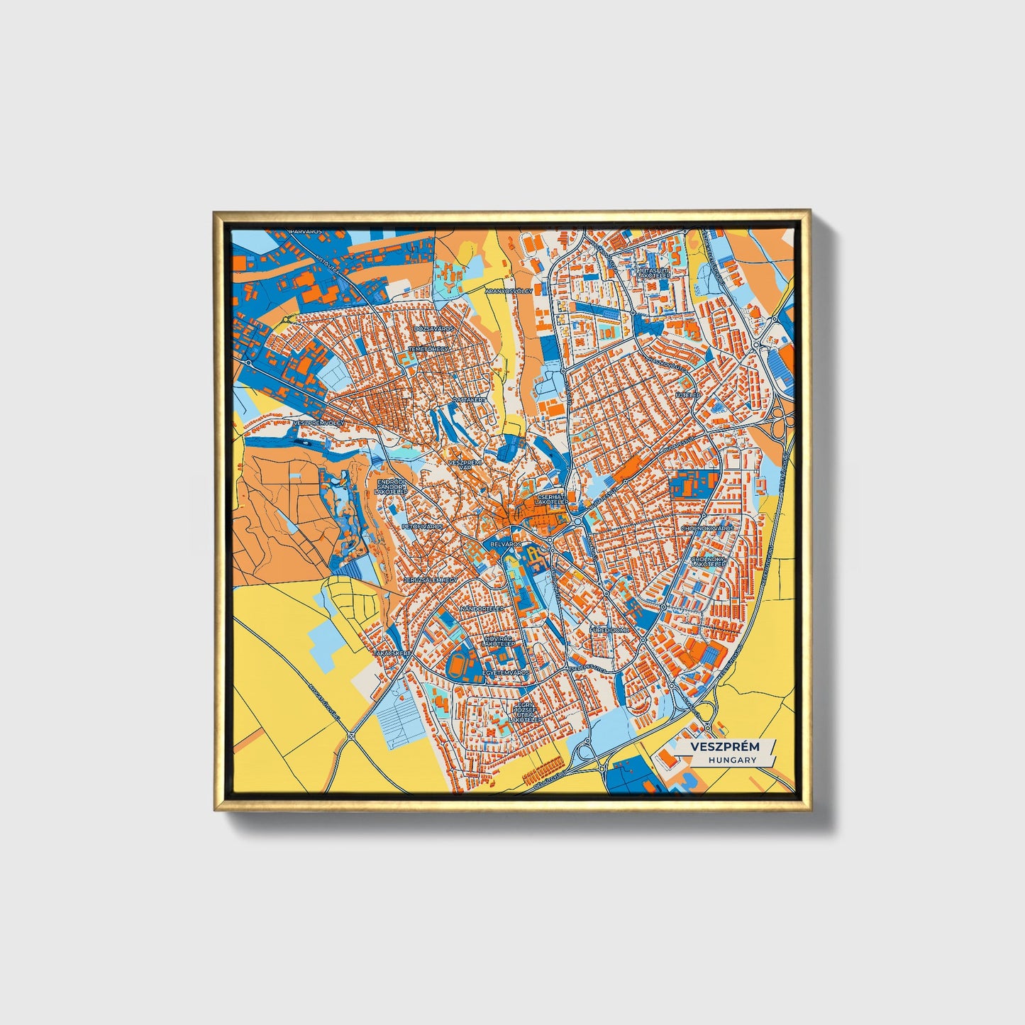 Veszprém Hungary Colorful City Map Canvas Print • Gold Framed