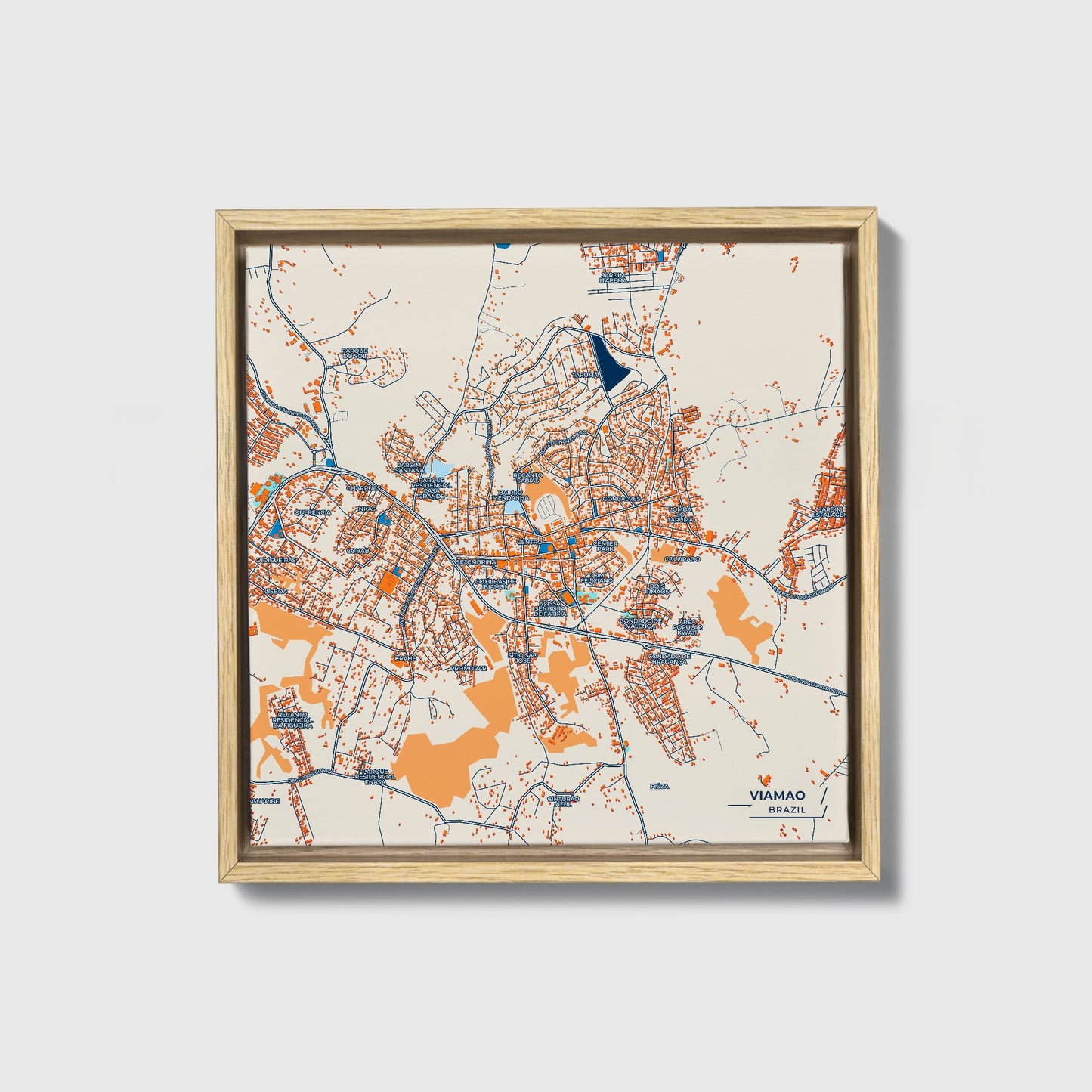 Viamao Brazil Colorful City Map Canvas Print • Natural Wooden Framed