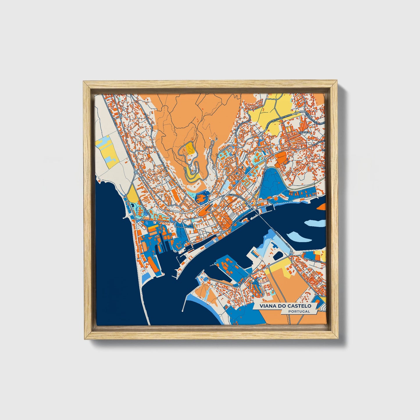 Viana Do Castelo Portugal Colorful City Map Canvas Print • Natural Wooden Framed