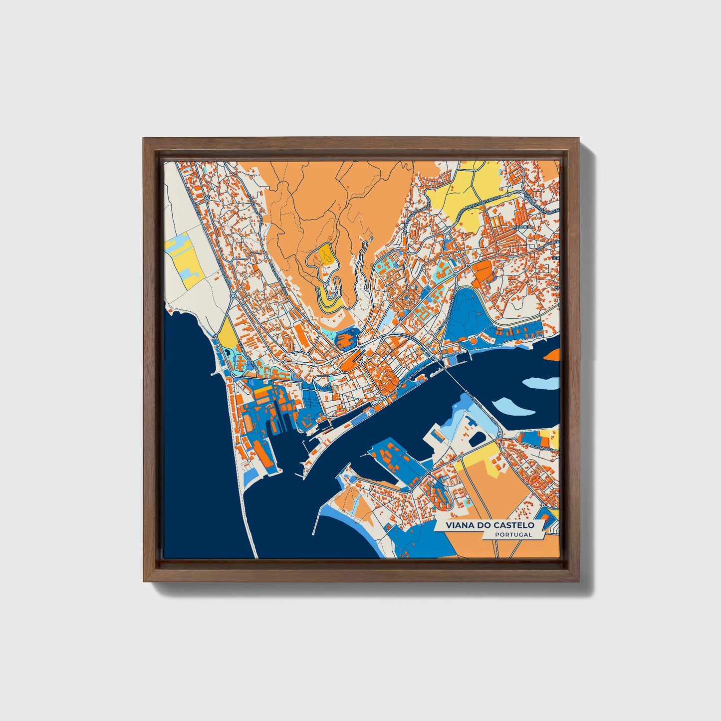 Viana Do Castelo Portugal Colorful City Map Canvas Print • Dark Wooden Framed