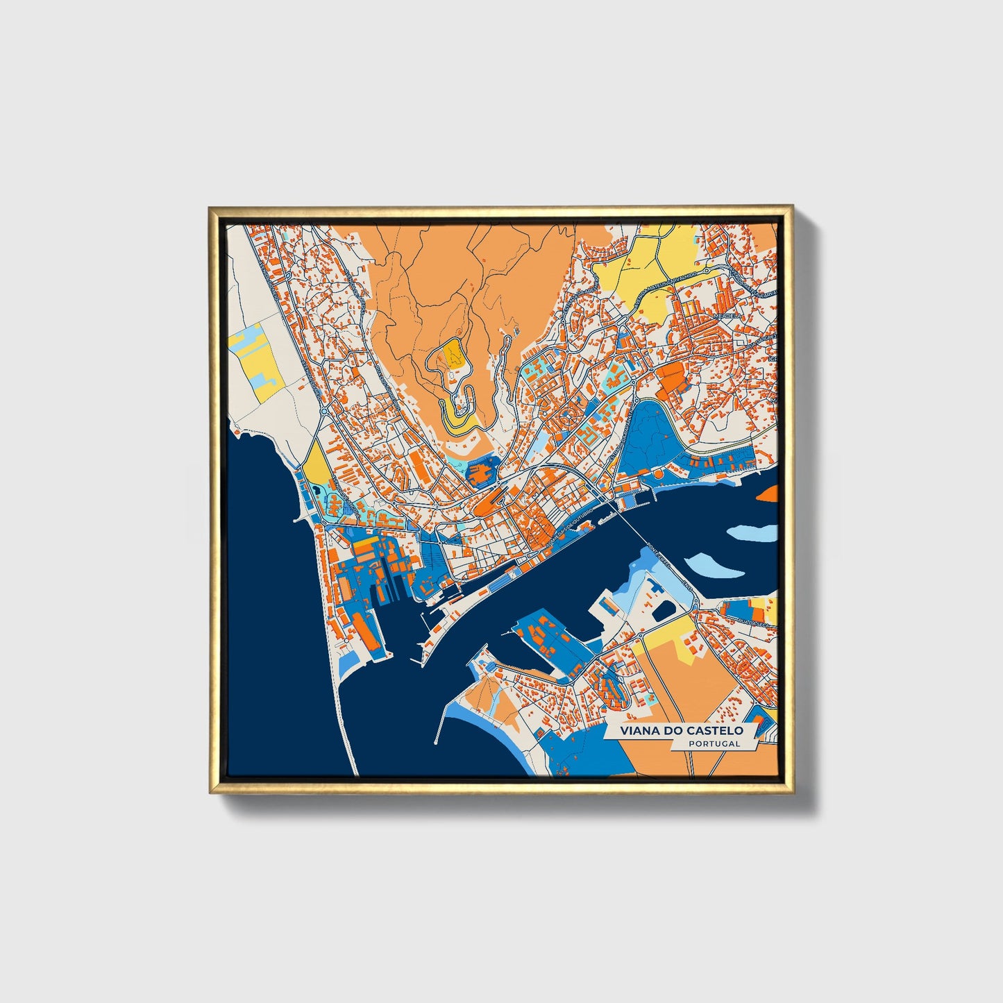 Viana Do Castelo Portugal Colorful City Map Canvas Print • Gold Framed