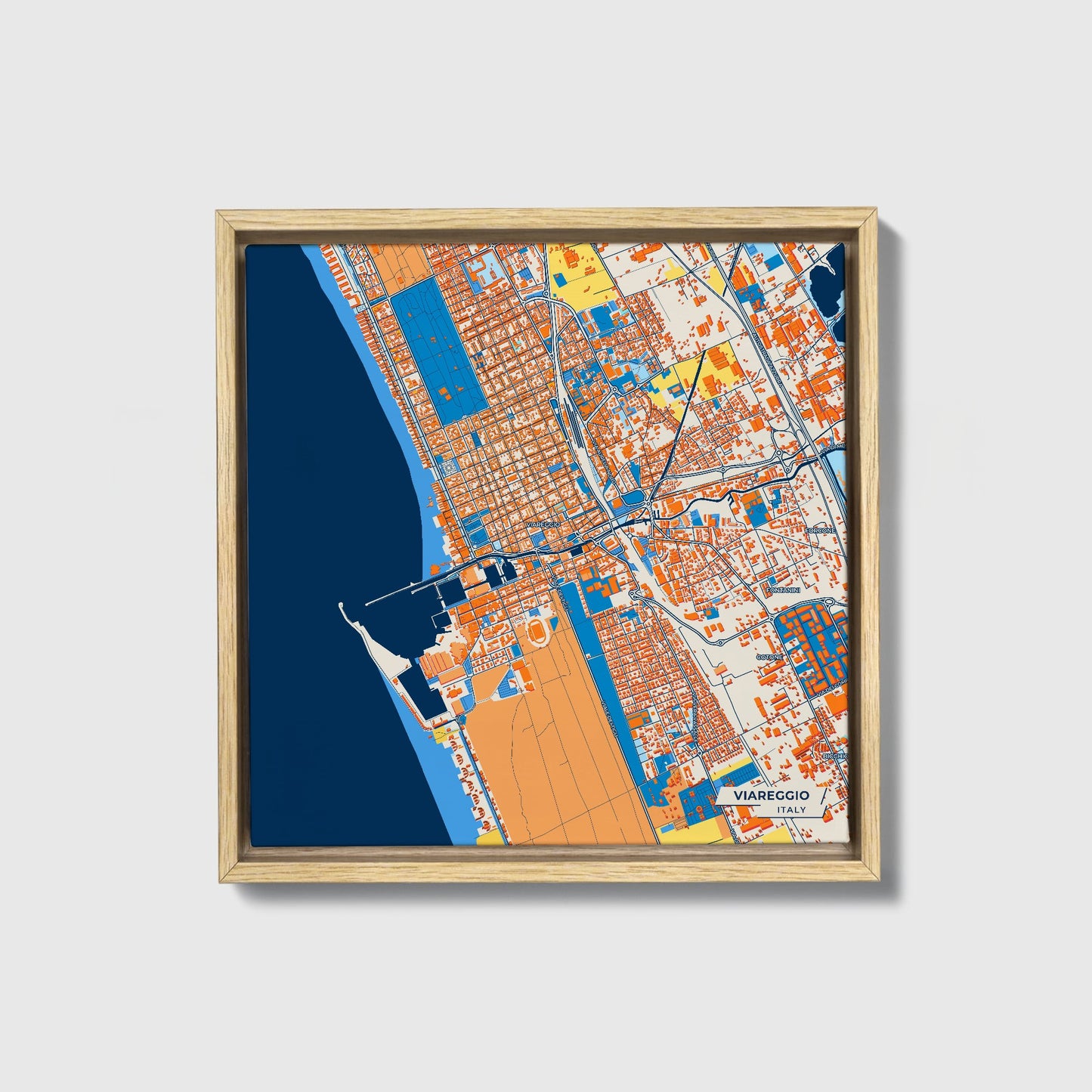 Viareggio Italy Colorful City Map Canvas Print • Natural Wooden Framed