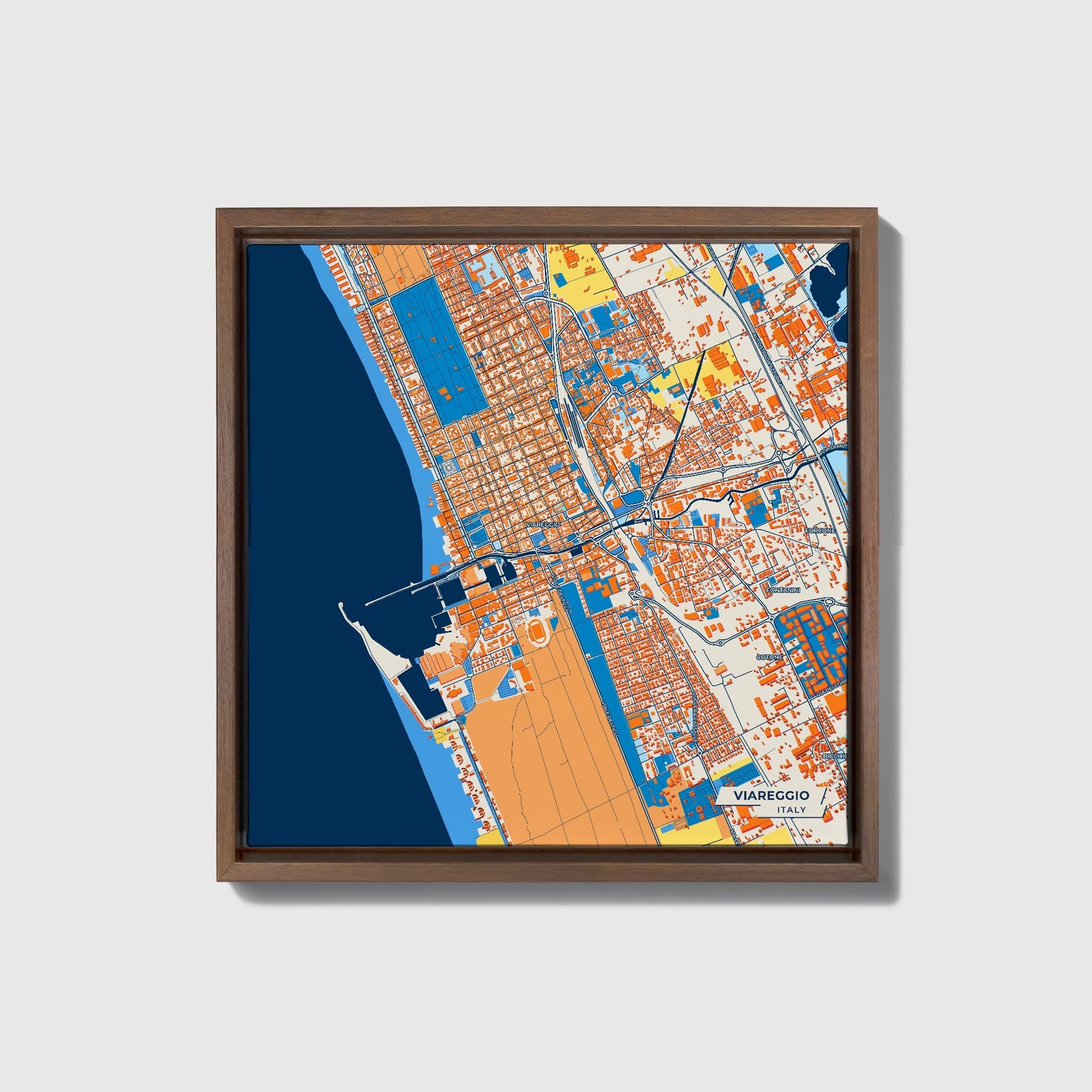 Viareggio Italy Colorful City Map Canvas Print • Dark Wooden Framed