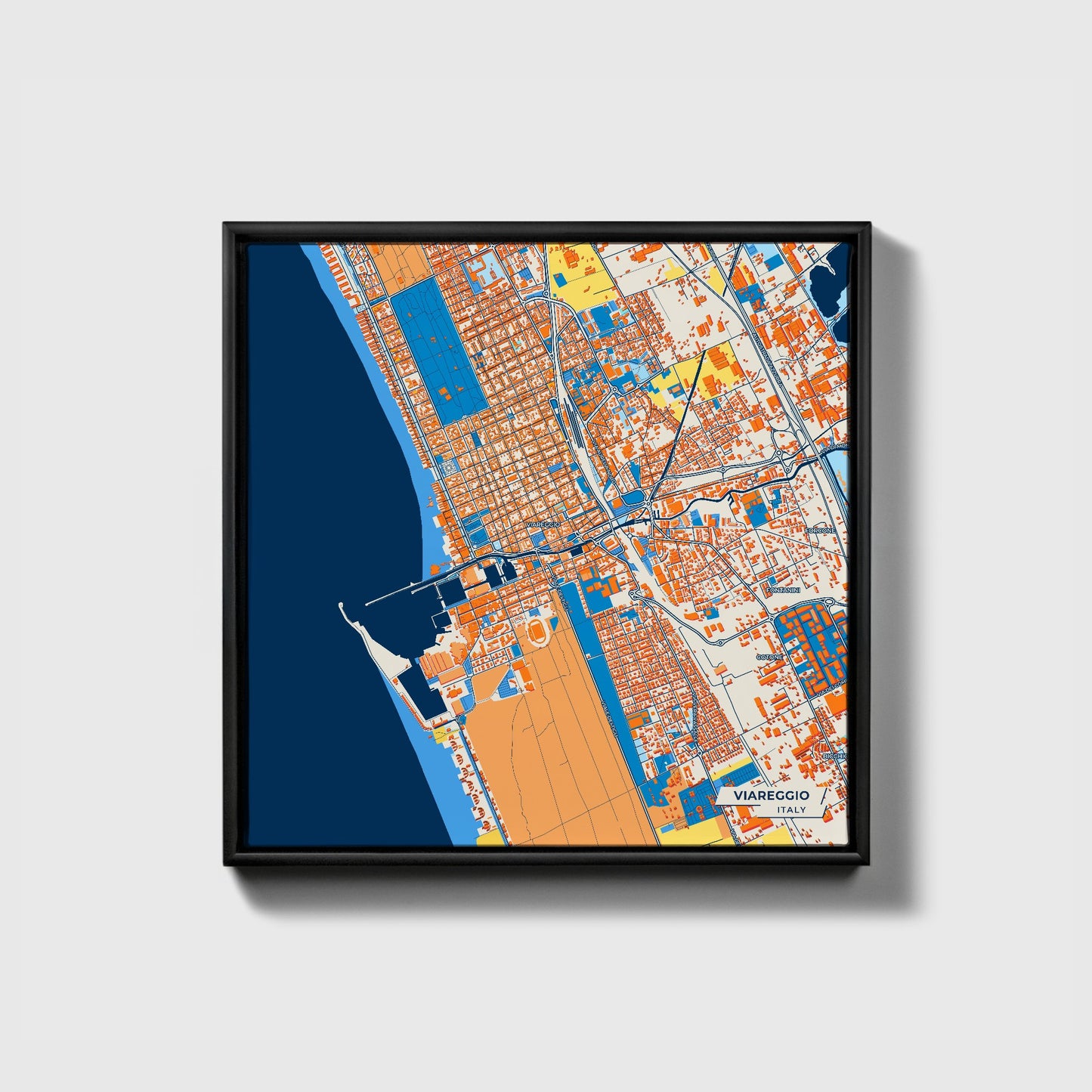 Viareggio Italy Colorful City Map Canvas Print • Black Framed