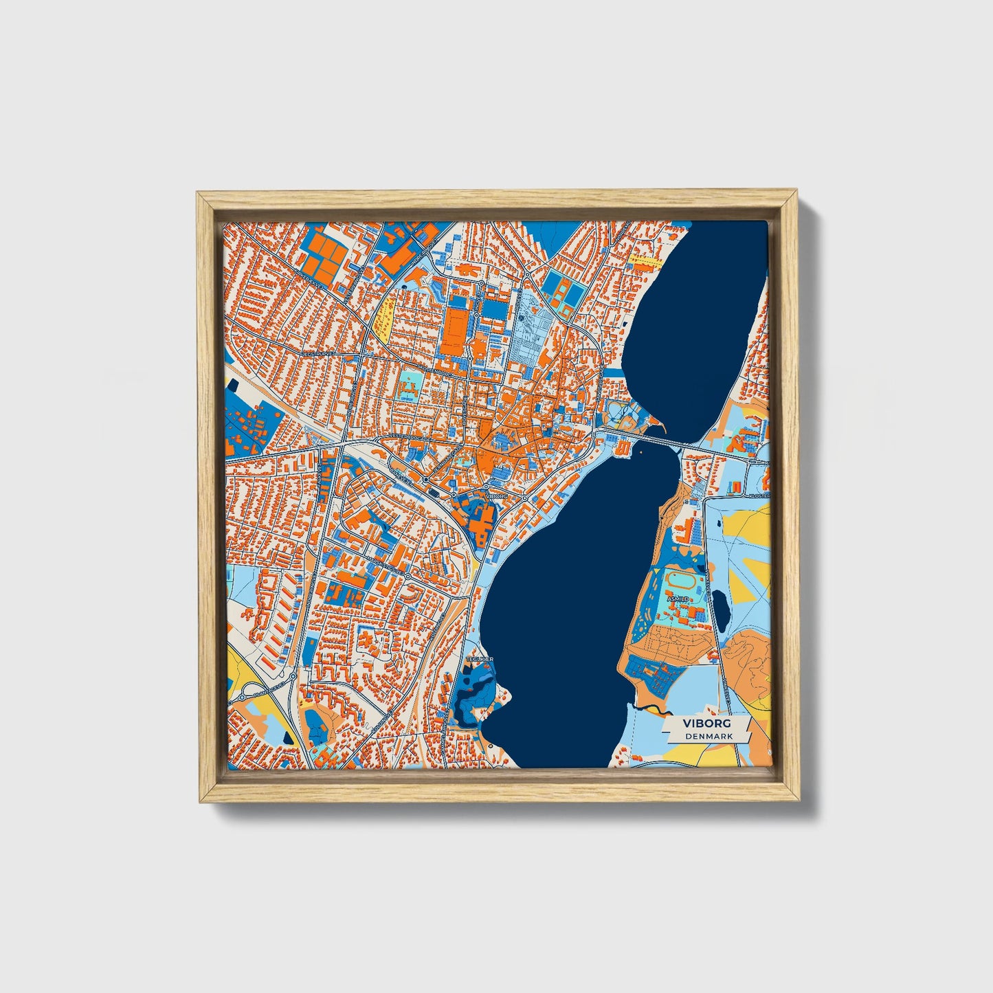Viborg Denmark Colorful City Map Canvas Print • Natural Wooden Framed