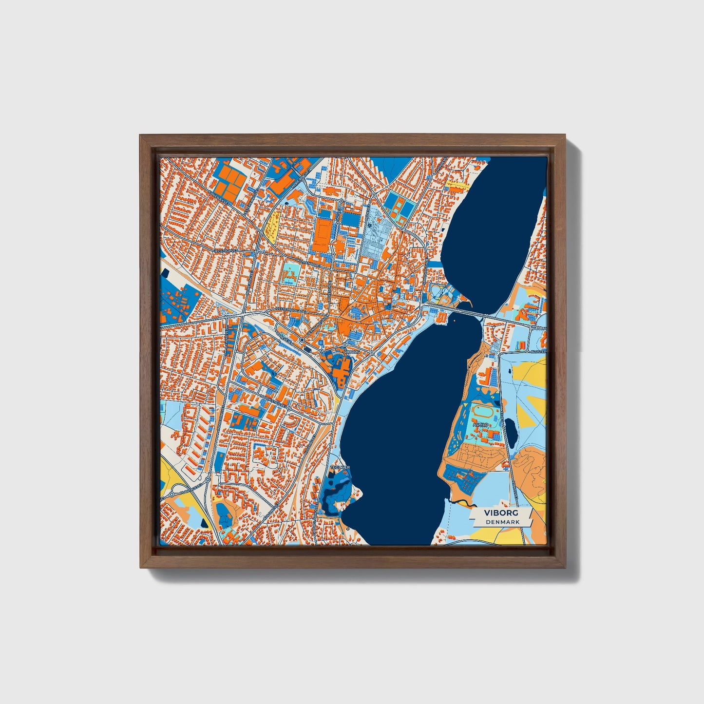 Viborg Denmark Colorful City Map Canvas Print • Dark Wooden Framed