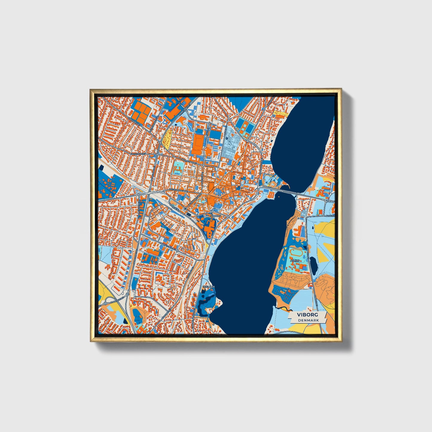 Viborg Denmark Colorful City Map Canvas Print • Gold Framed