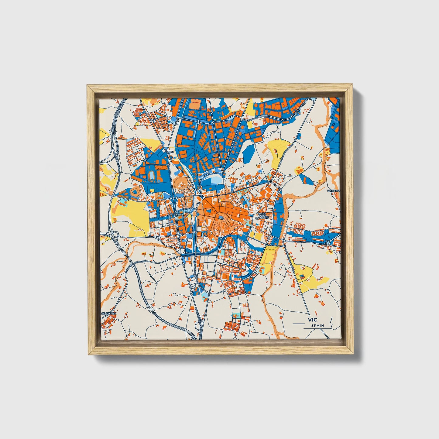 Vic Spain Colorful City Map Canvas Print • Natural Wooden Framed