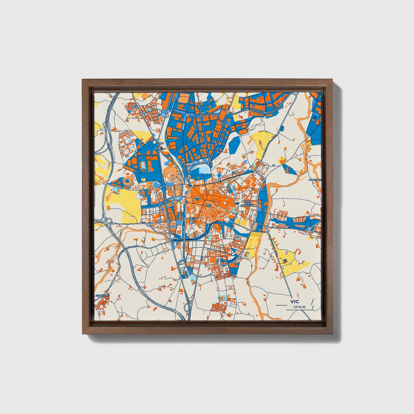 Vic Spain Colorful City Map Canvas Print • Dark Wooden Framed