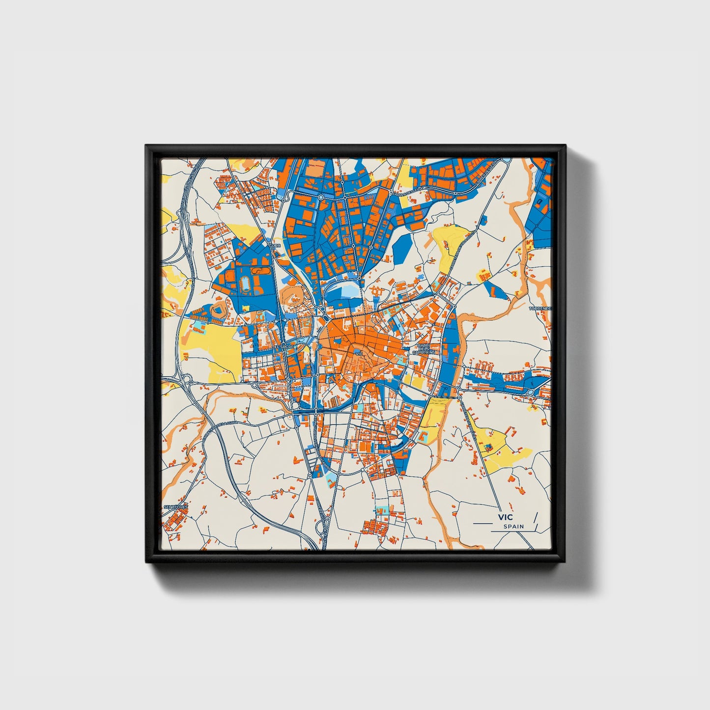 Vic Spain Colorful City Map Canvas Print • Black Framed