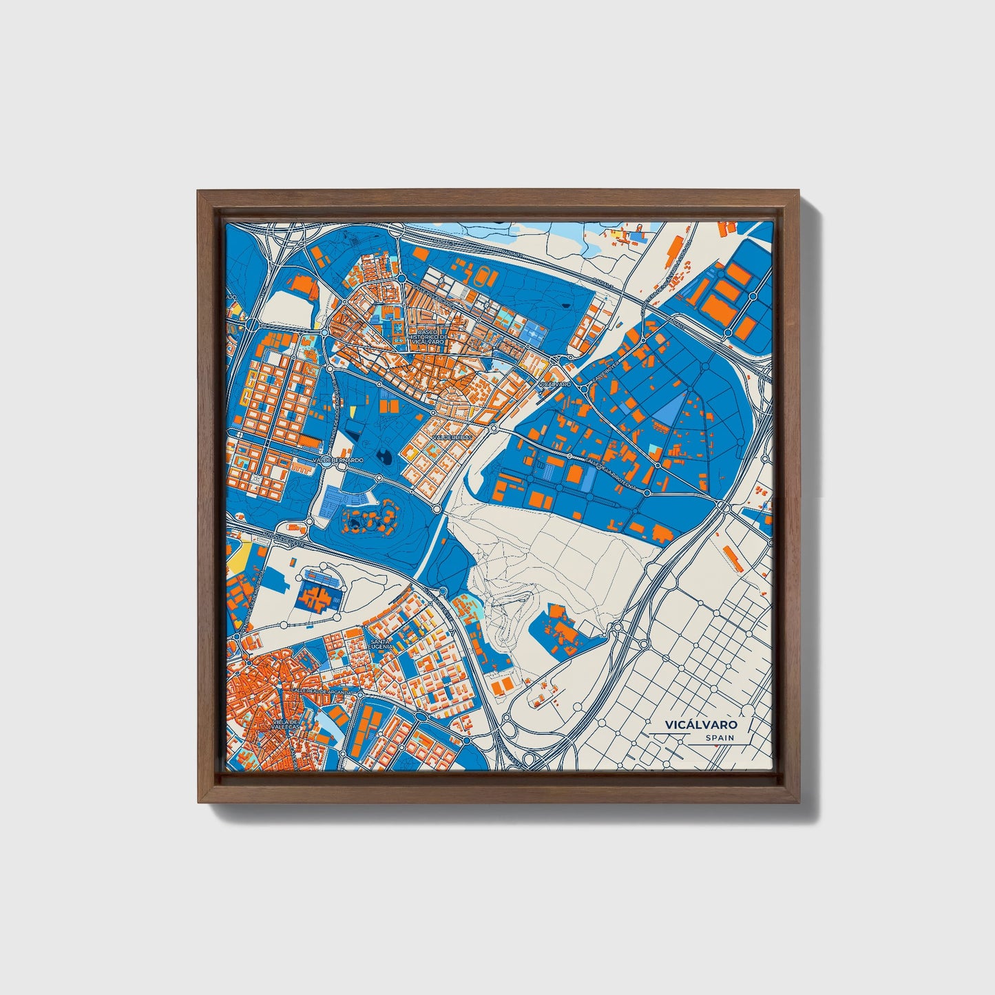 Vicálvaro Spain Colorful City Map Canvas Print • Dark Wooden Framed