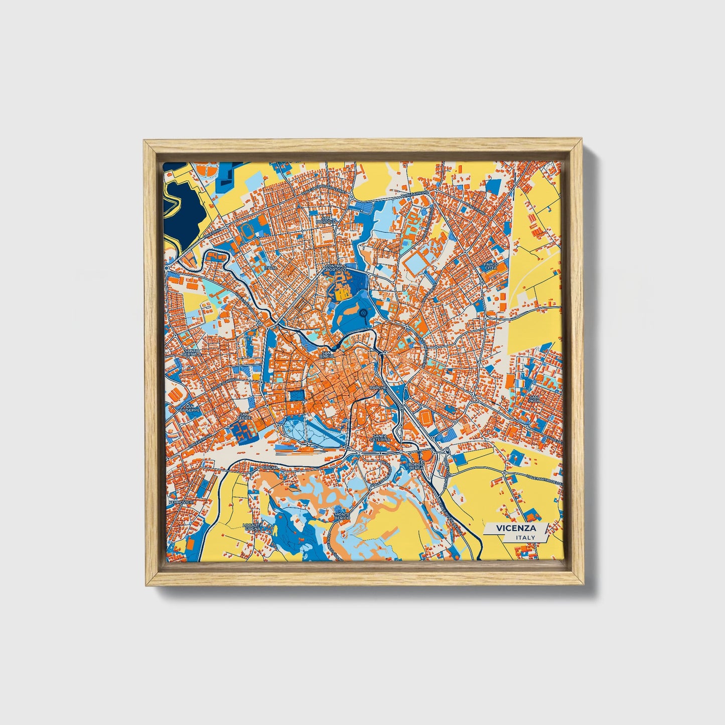 Vicenza Italy Colorful City Map Canvas Print • Natural Wooden Framed