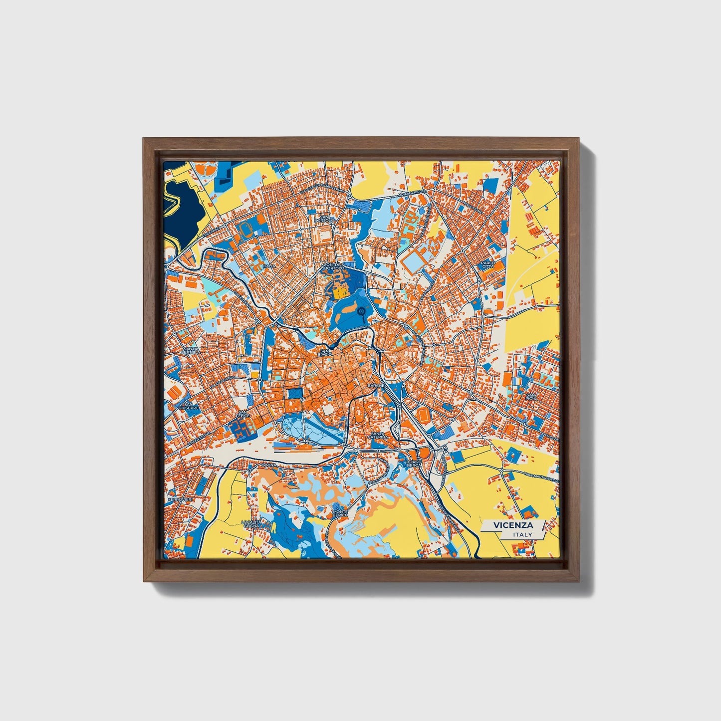 Vicenza Italy Colorful City Map Canvas Print • Dark Wooden Framed