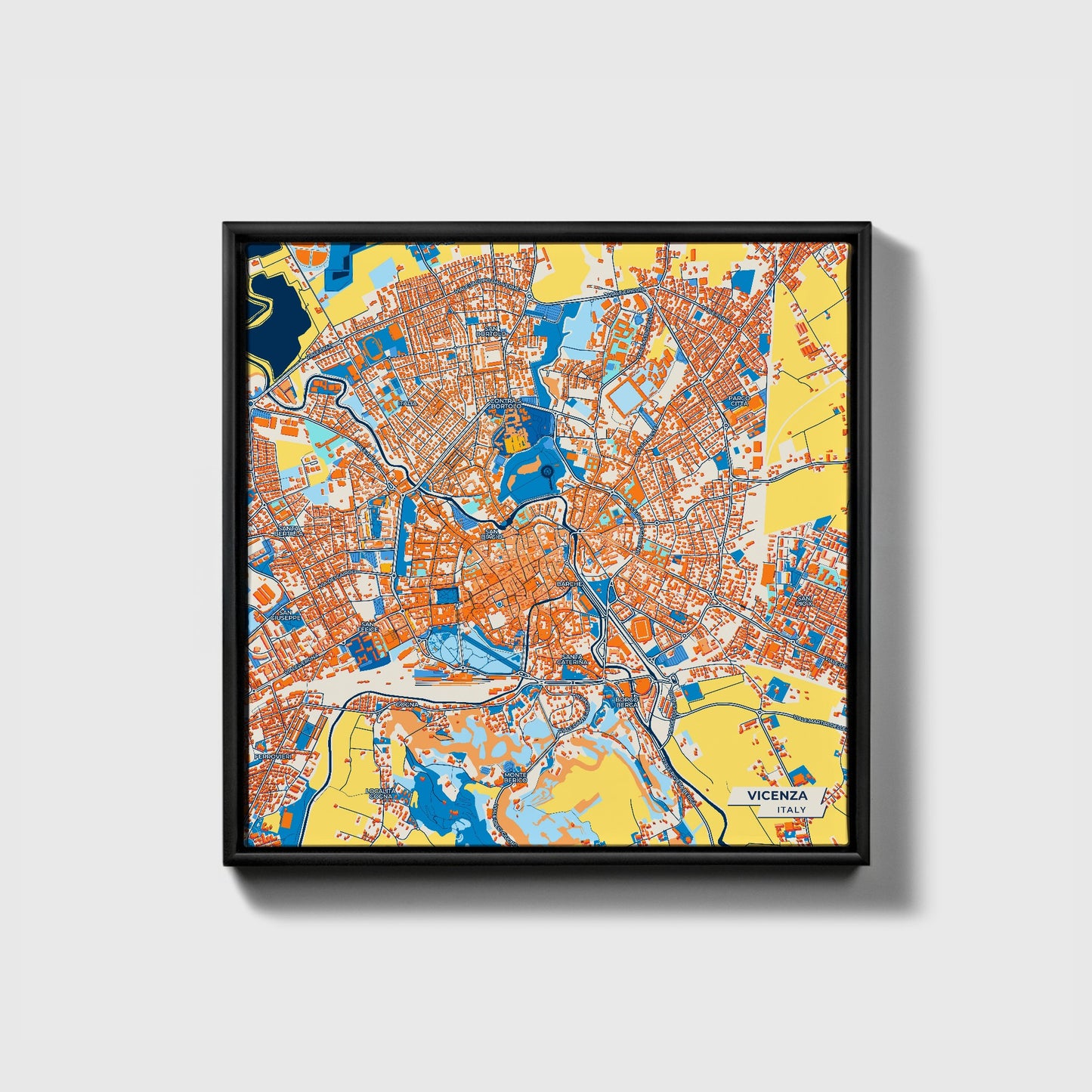Vicenza Italy Colorful City Map Canvas Print • Black Framed