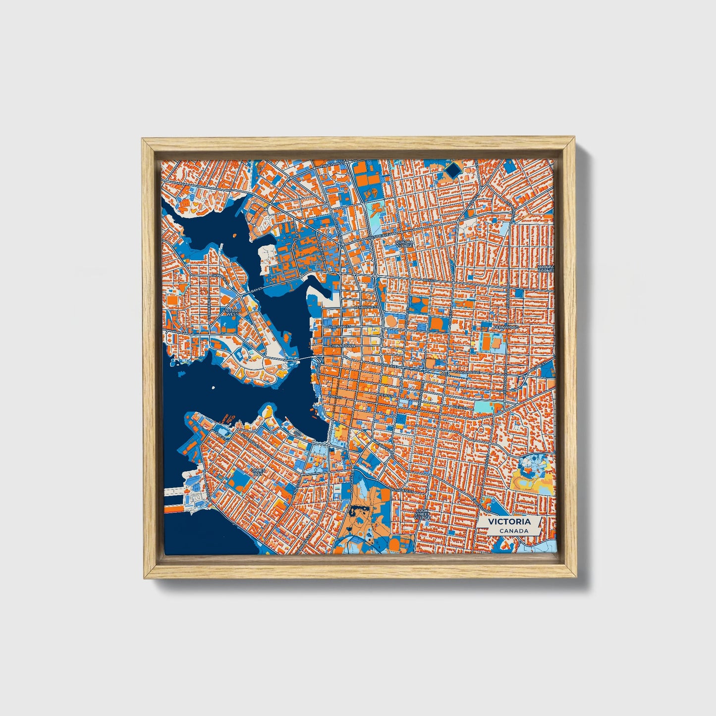 Victoria Canada Colorful City Map Canvas Print • Natural Wooden Framed