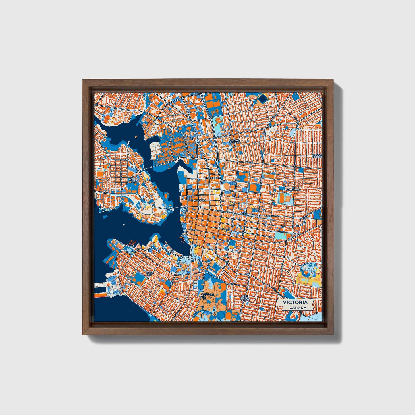 Victoria Canada Colorful City Map Canvas Print • Dark Wooden Framed