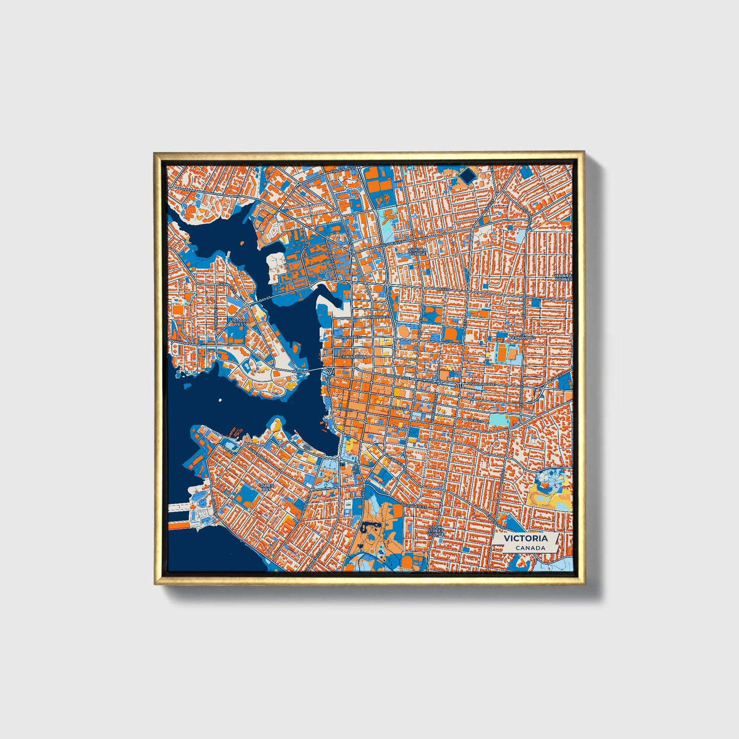 Victoria Canada Colorful City Map Canvas Print • Gold Framed