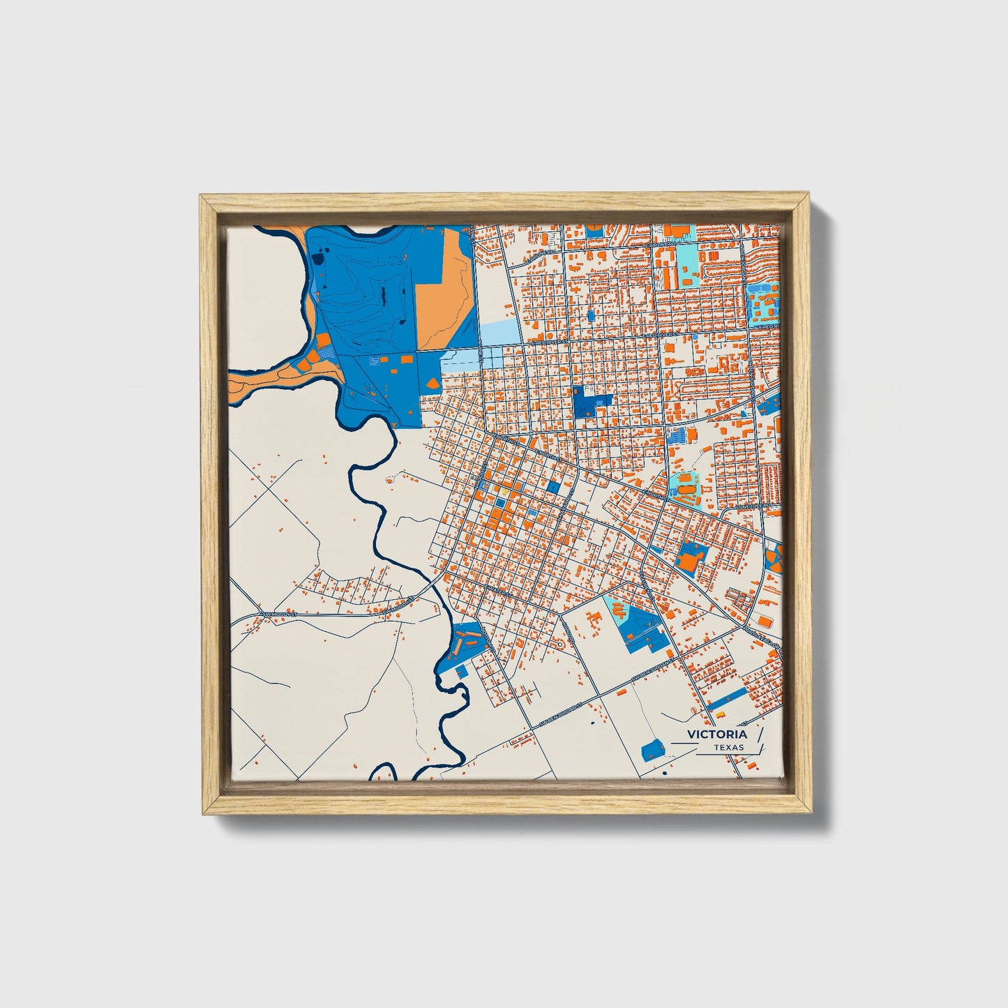 Victoria Texas Colorful City Map Canvas Print • Natural Wooden Framed