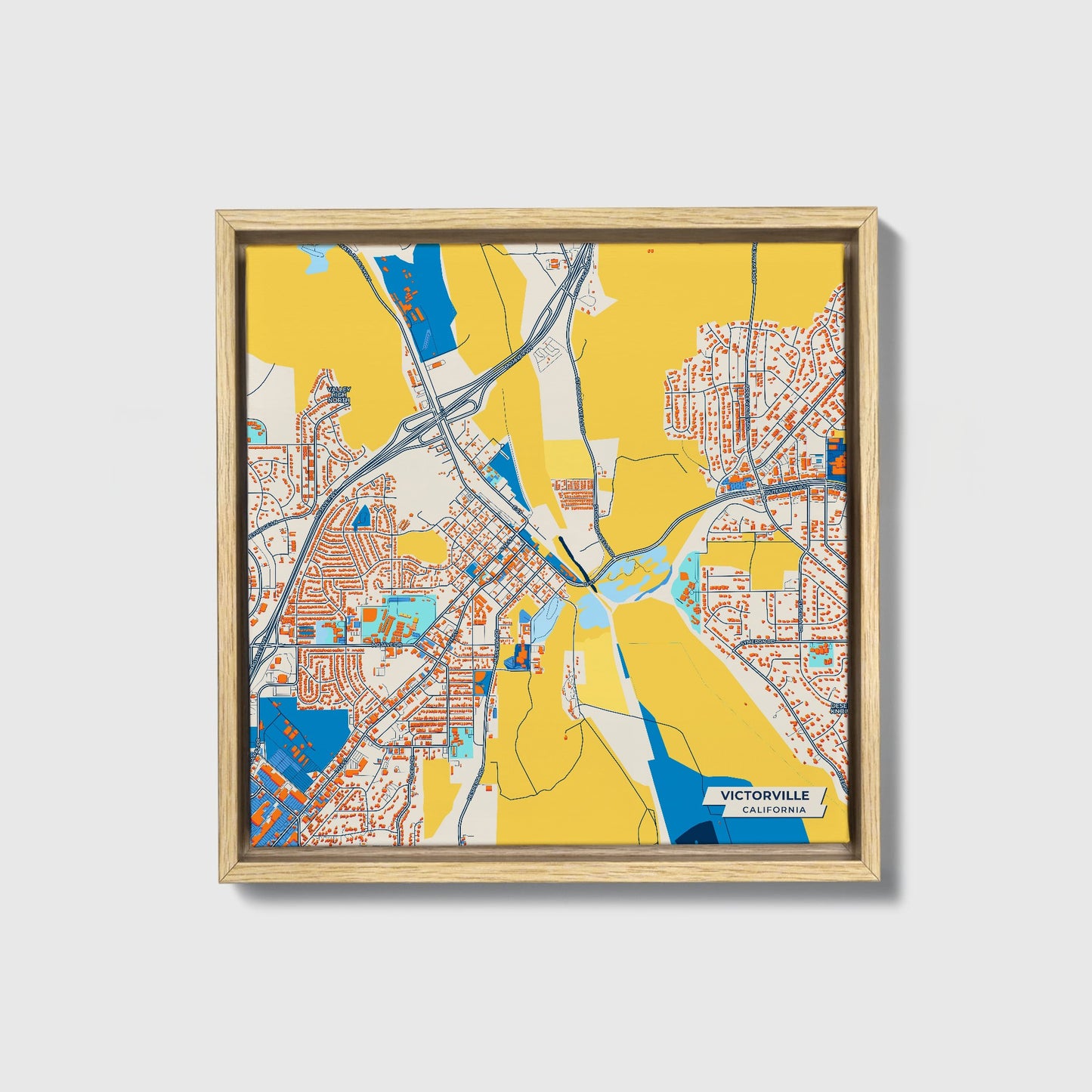 Victorville California Colorful City Map Canvas Print • Natural Wooden Framed